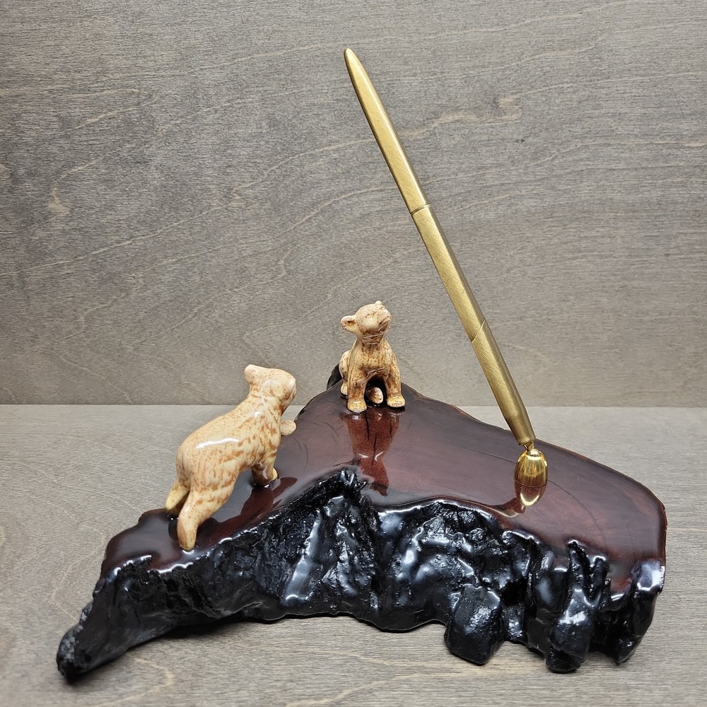 Vintage Desktop Pen Holder with Bear Cubs Figures on Dark Brown Wood Base